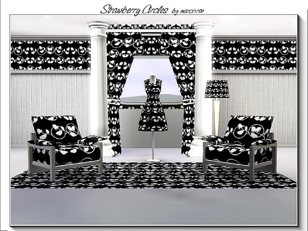 Sims 3 — Strawberry Circles_marcorse by marcorse — Fabric pattern: black and white, horizontal design of strawberries and