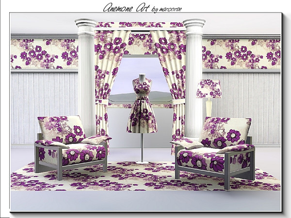 Sims 3 — Anemone Art_marcorse by marcorse — Fabric pattern: artistic sprays of purple anemones in a diagonal design on