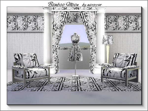 Sims 3 — Bamboo Moon_marcorse by marcorse — Fabric pattern: full moon behind a stand of bamboo, in blackl grey and white.