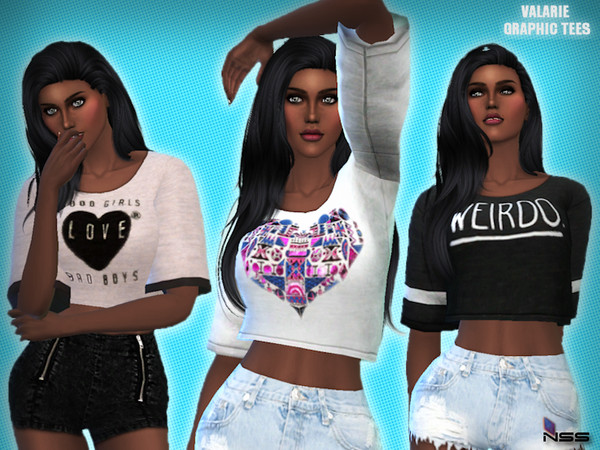 Sims 4 — VALARIE GRAPHIC TEES - mesh needed by NiteSkky — 5 GRAPHIC TEES, For TEEN TO ADULT. mesh not included (please