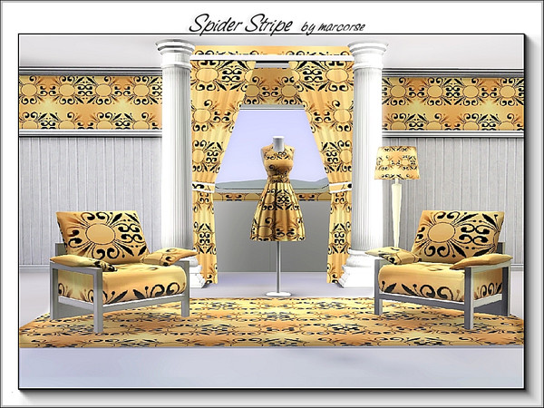 Sims 3 — Spider Stripe_marcorse by marcorse — Abstract pattern: stylised floral spider shapes in orange/brown and yellow