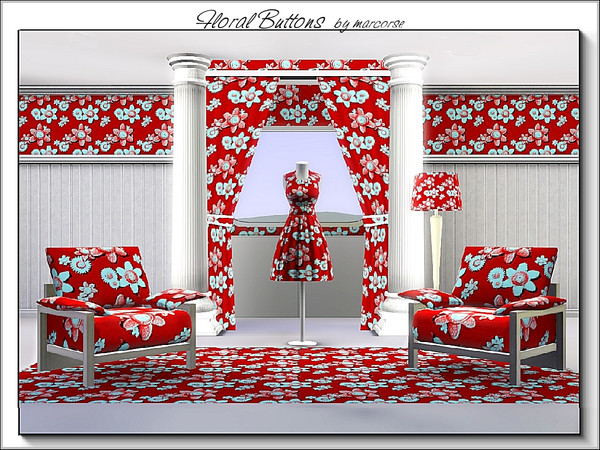 Sims 3 — Floral Buttons_marcorse by marcorse — Fabric payttern: buttons and buttoned flowers in pink and aqua on red