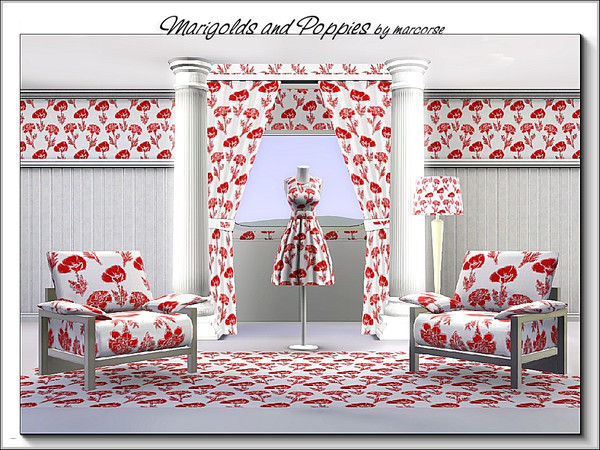 Sims 3 — Marigolds and Poppies_marcorse by marcorse — Fabric pattern: French marigolds and poppies in deep red on white