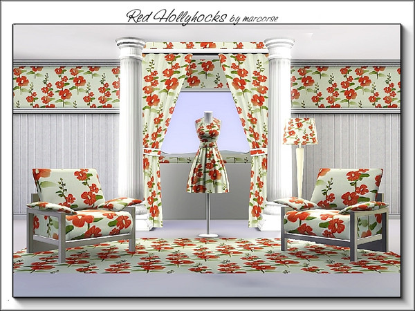 Sims 3 — Red Hollyhock_marcorse by marcorse — Fabric pattern: tall red hollyhocks on pale green