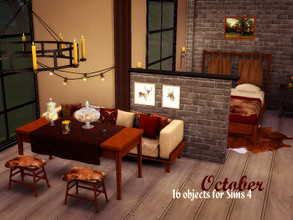 Sims 4 — October by Kiolometro — North warm furniture. Fur is combined with Hallowe'en decorations. Scary stuff beside a