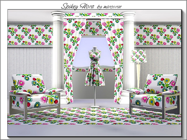 Sims 3 — Spikey Flora_marcorse by marcorse — Fabric pattern - triangle bouquets of spikey daisies on white.
