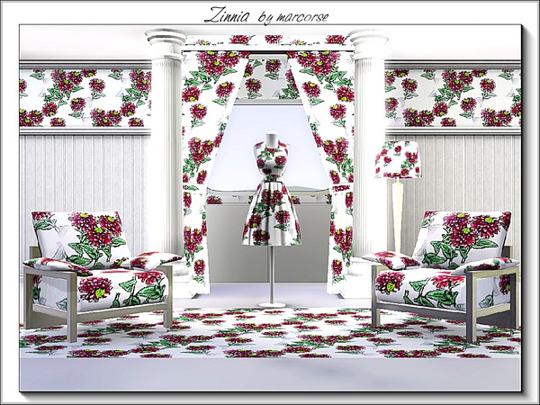 Sims 3 — Zinnia_marcorse by marcorse — Fabric pattern - red zinnia flowers and green leaves on white.