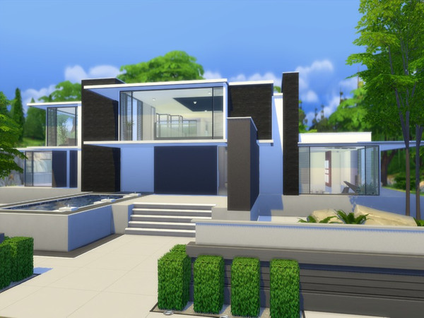 Sims 4 — Modern Luxury Design by Suzz86 — Modern Home featuring open kitchen, dining with fireplace,and sunken livingroom
