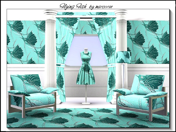 Sims 3 — Flying Fishes_marcorse by marcorse — Themed pattern: flying fish in a regular repeat design in blue/aqua
