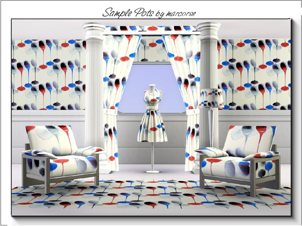 Sims 3 — Sampe Pots_marcorse by marcorse — Themed pattern: small pot samplers, with flowing paint in red, blue and white.