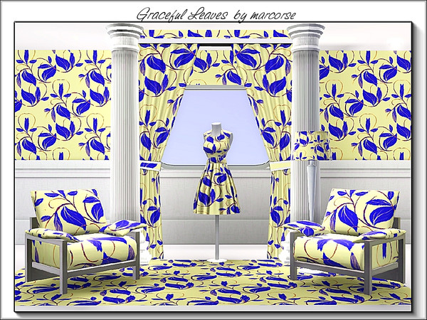Sims 3 — Graceful Leaves_marcorse by marcorse — Fabric pattern: graceful trailing leaves in blue and brown 2 rec