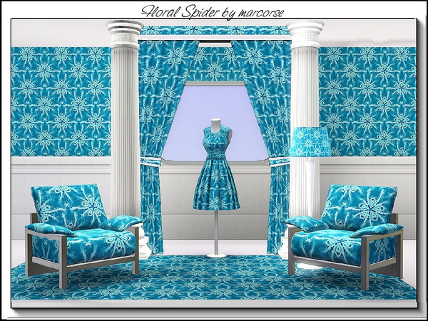 Sims 3 — Floral Spider_marcorse by marcorse — Abstract pattern - floral spider shapes in deep aqua and white.