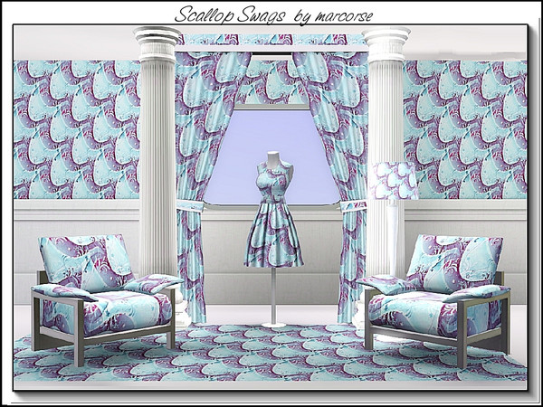 Sims 3 — Scallop Swags_marcorse by marcorse — Fabric pattern: diagonal design of scalloped swags in purple and blue.