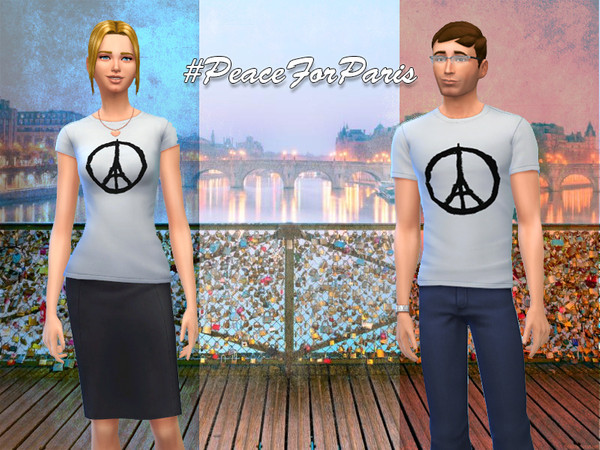 Sims 4 — #PeaceForParis Shirts by hae89 — Shirt with the #PeaceForParis logo. This are white Shirts, for her and for him,