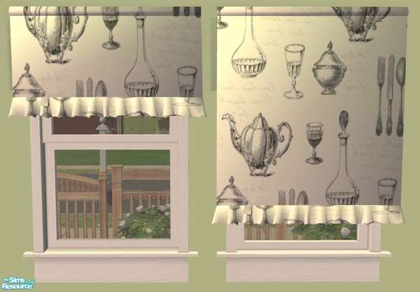 Sims 2 — Black and White Blinds - 'TeaPots' by jeni — 'TeaPots' is a traditional style design of teapots,cutlery, wine