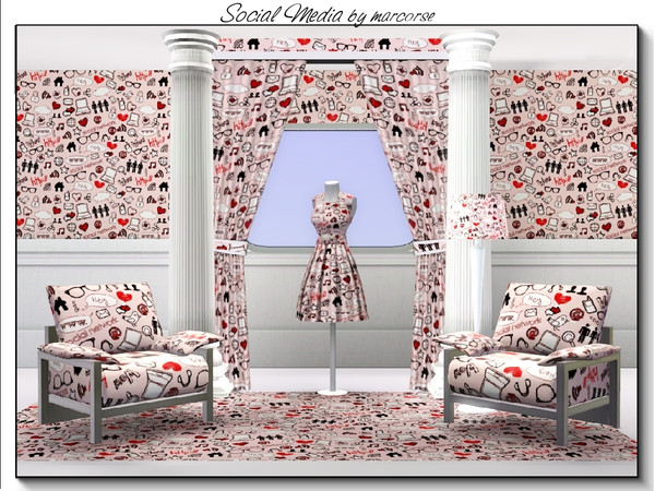 Sims 3 — Social Media_marcorse by marcorse — Fabric pattern: random elements associated with social media, in red, black