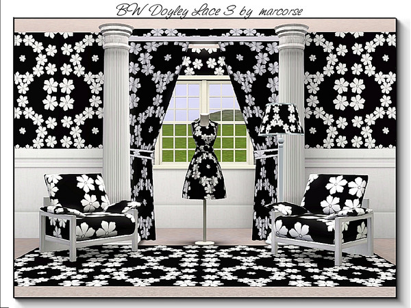 Sims 3 — BW Doyley Lace 3_marcorse by marcorse — Abstract pattern: white daisy floral doyley lace on black.