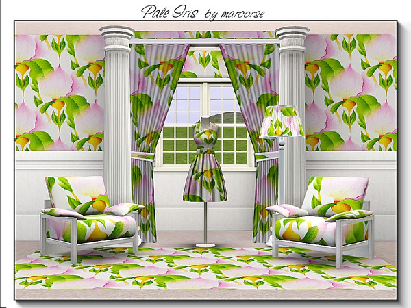 Sims 3 — Pale Iris_marcorse by marcorse — Fabric pattern pale pink flag iris and green foliage.
