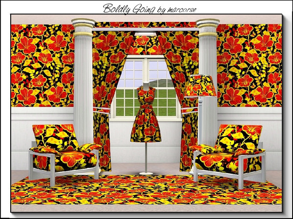 Sims 3 — Boldly Going_marcorse by marcorse — Fabric pattern: bold and bright floral in red and yellow on black