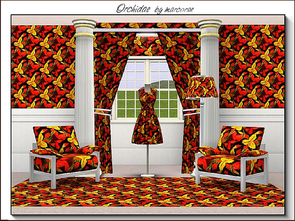 Sims 3 — Orchidae_marcorse by marcorse — Fabric pattern: yellow and red orchid in allover repeat design