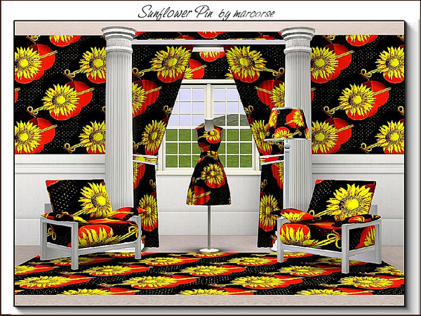 Sims 3 — Sunflower Pin_marcorse by marcorse — Themed pattern: yellow sunflower lapel pin on red and black.