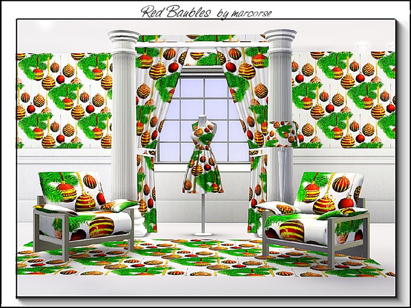 Sims 3 — Red Baubles_marcorse by marcorse — Themed pattern - red Christmas ornaments and spruce branch.