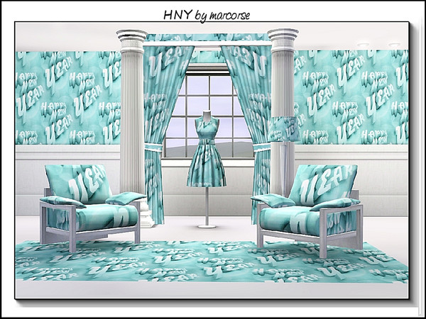 Sims 3 — HNY_marcorse by marcorse — Themed pattern: text Happy New Year greeting in aqua, black and white