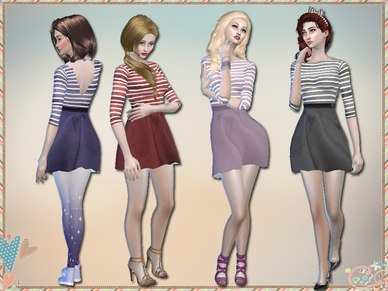 The Sims Resource - Skater Dress With Striped Top and Contrast Skirt