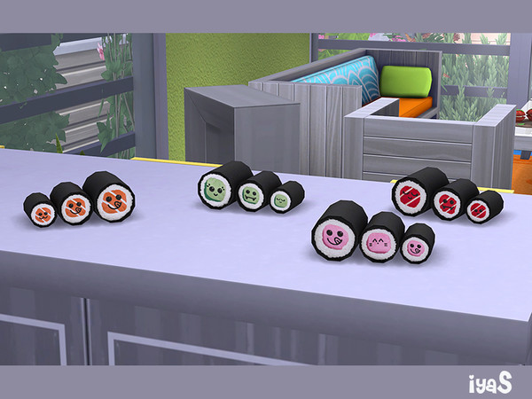 Sims 4 — Sushi by soloriya — Three decorative sushi with funny smiles. Part of Kawaii set. Category: Decorative -