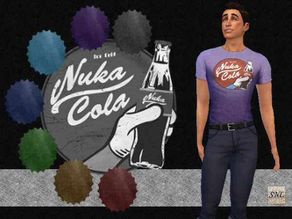 Sims 4 — Nuka Tee - Fallout 4 by SuperNerdyLove2 — Fallout 4 Nuka Cola logo tee shirt. Comes in 7 grungy colors. Inspired