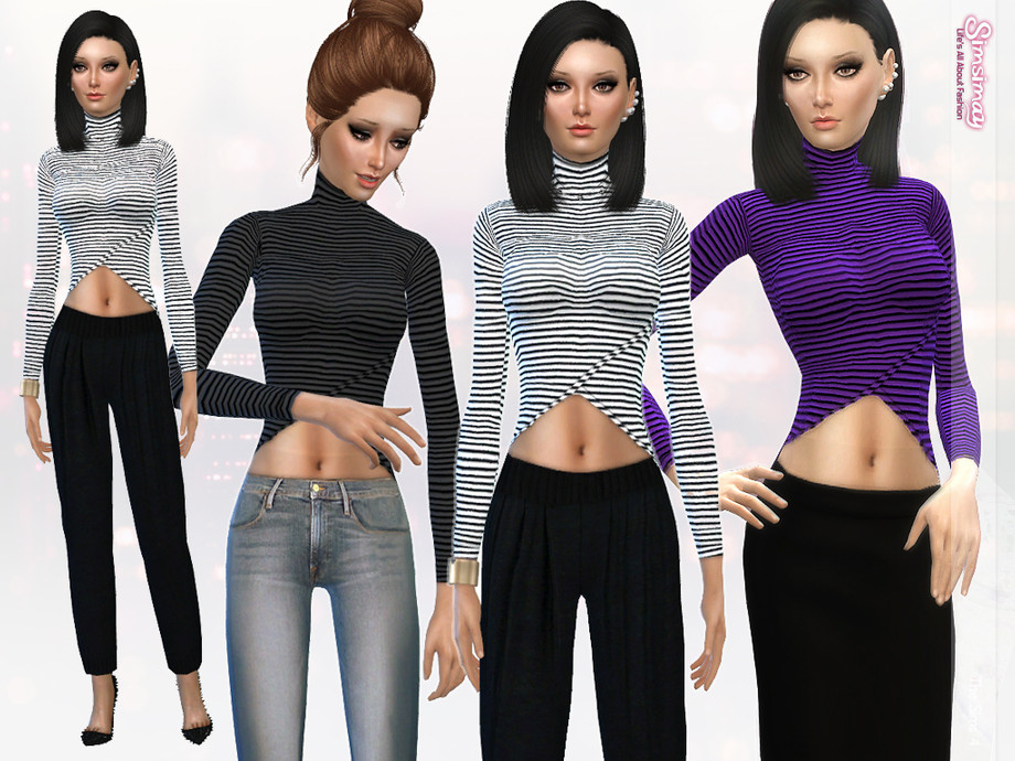 Sims 4 - Tulip Front Stripped High-Low Crop Top by Simsimay - With realisti...