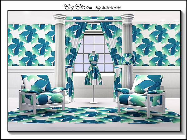 Sims 3 — Big Bloom_marcorse by marcorse — Fabric pattern: large flower with smaller 'shadows' in blue and green on white