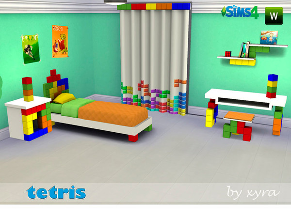Sims 4 — xyra Tetris set by xyra332 — single bed,end table, desk, chair, curtain, deco shelves, table lamp; new meshes
