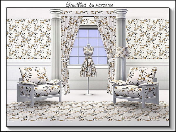 Sims 3 — Grevillea_marcorse by marcorse — Fabric pattern: grevillea sprays in soft brown on white