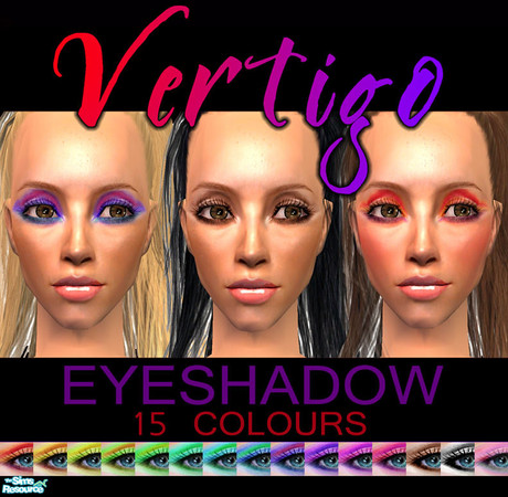 Sims 2 — Vertigo Eyeshadow by 06bek — Collection of 15 colourful and dramatic eyeshadows plus one natural brown shade.