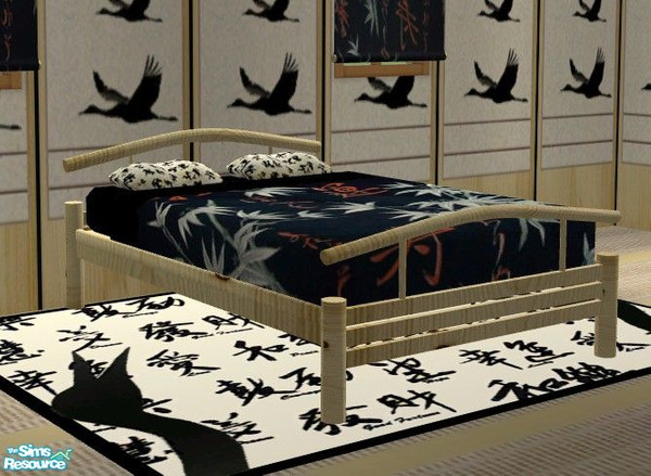 Sims 2 — Dansei Bedroom - Double Bed by Riverwillows — Simple, elegant pine bed in asian style. By Riverwillows.