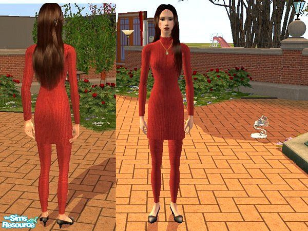 Sims 2 — Red Wool Pant Dress  by LadyDeluxe — A wool dress with wool leggins for those cold winter nights. Can also be