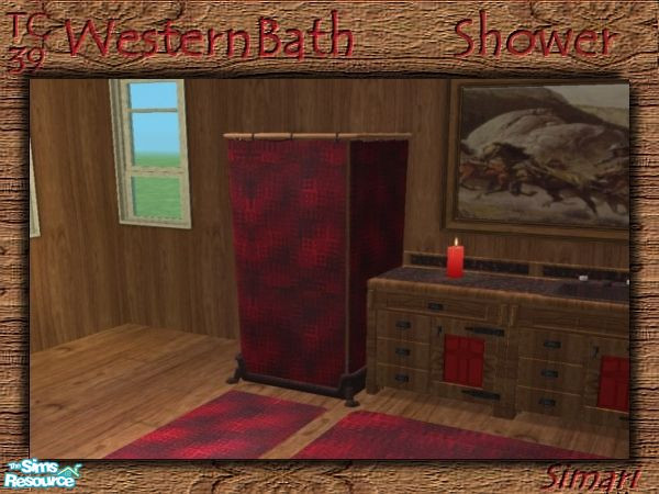Sims 2 — TC39 Western Bath-Shower by simari — Shower with black and red marbled floor, cherry wood frame and red and
