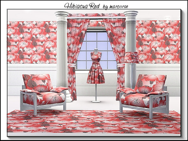 Sims 3 — Hibiscus Red_marcorse by marcorse — Fabric pattern: red/pink hibiscus in an allover repeat design