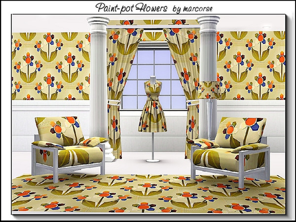 Sims 3 — Paint Pot Flowers_marcorse by marcorse — Fabric - paint pot flowers in orange, yellow and khaki.