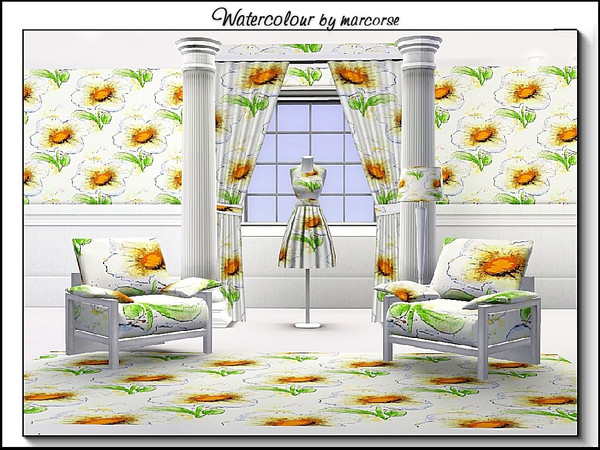 Sims 3 — Watercolour_marcorse by marcorse — Fabric pattern - the 'fried-egg' daisy in a floral watercolour design .