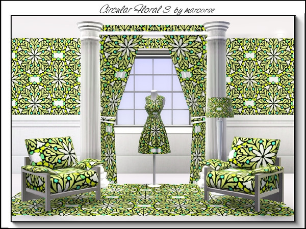 Sims 3 — Circular Floral 3_marcorse by marcorse — Fabric pattern: floral design with a circular motif in yellow and aqua