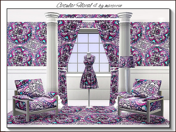 Sims 3 — Circular Floral 4_marcorse by marcorse — Fabric pattern: floral design with a circular motif in pink and blue