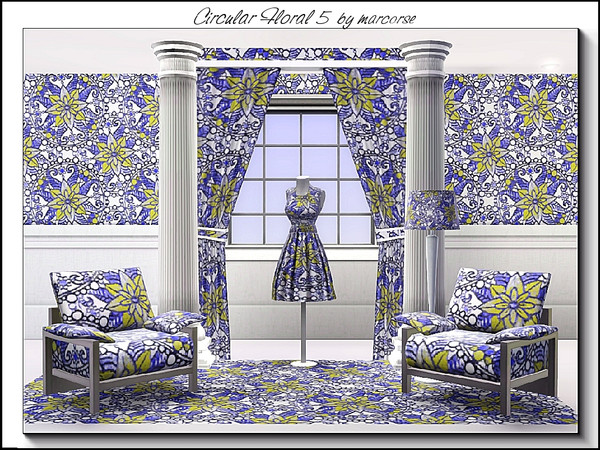 Sims 3 — Circular Floral 5_marcorse by marcorse — Fabric pattern: floral design with a circular motif in blue and yellow