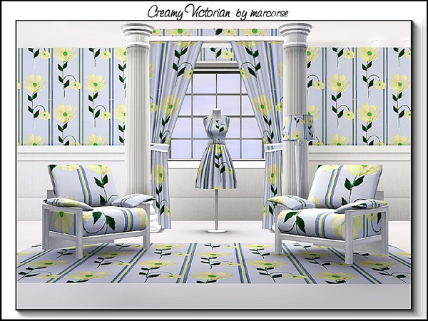 Sims 3 — Creamy Victorian_marcorse by marcorse — Fabric pattern creamy floral Victorian stripe wallpaper.