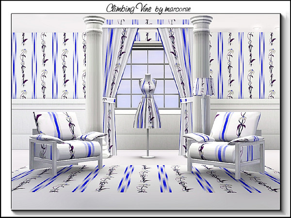 Sims 3 — Climbing Vine_marcorse by marcorse — Fabric pattern - white flowered vine and blue vertical ribbon.
