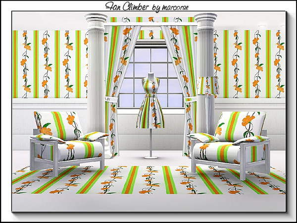 Sims 3 — Fan Climber_marcorse by marcorse — Fabric pattern - fan shaped flowering climber in orange and green on white..