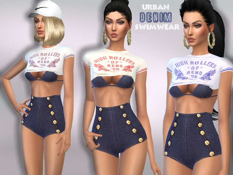 Sims 4 - Urban Denim Swimwear by Puresim - A sexy denim swimwear with shirt...