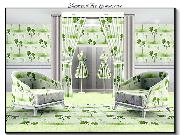 Sims 3 — Shamrock Tree_marcorse by marcorse — Themed pattern: Stylised shamrock tree in shades of green on white.