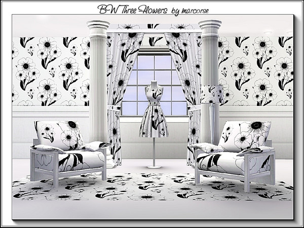 Sims 3 — BW Three Flowers_marcorse by marcorse — Fabric pattern: three open faced flowers in monochrome black and white